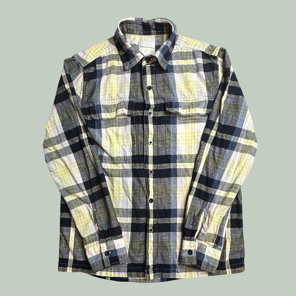 American Eagle Shirt Mens Medium Button Down Plaid Navy White Neon Yellow Cotton